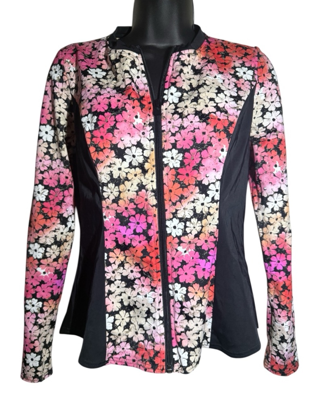 Fit4U Floral Zip Rash Guard Size 8 Fits Small Built-In Bra Pink Multi-Color